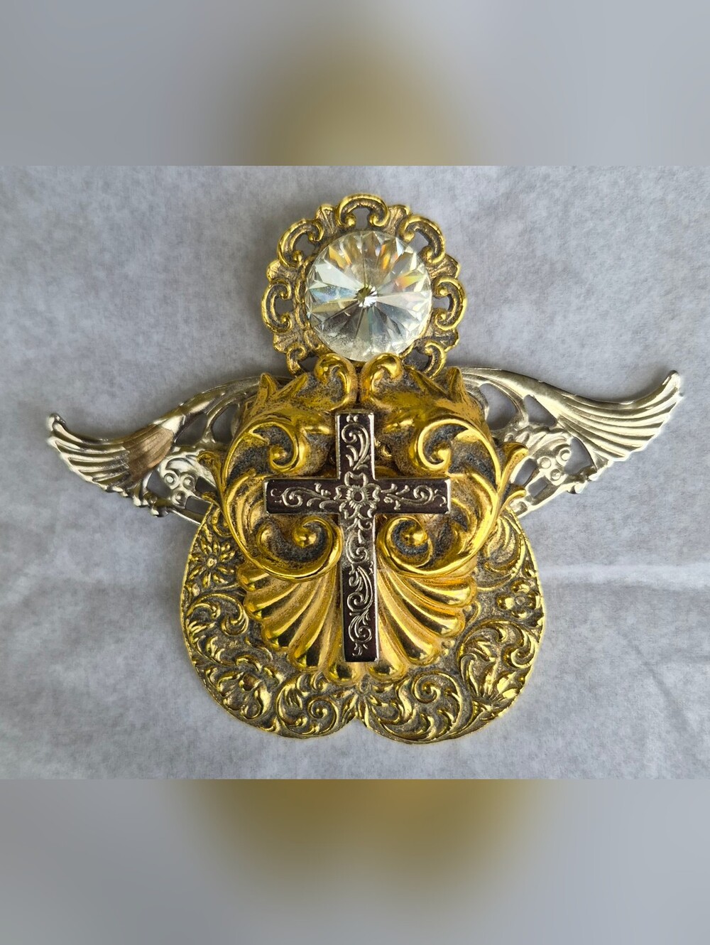 Vintage Signed Rosemary Nelson 1995 Mixed Metal Angel Brooch Pin Crystal Head